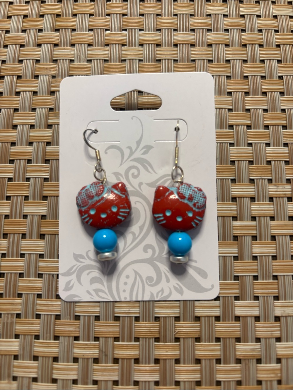 Handmade Red Hello Kitty Face Drop Earrings with Turquoise Beads
